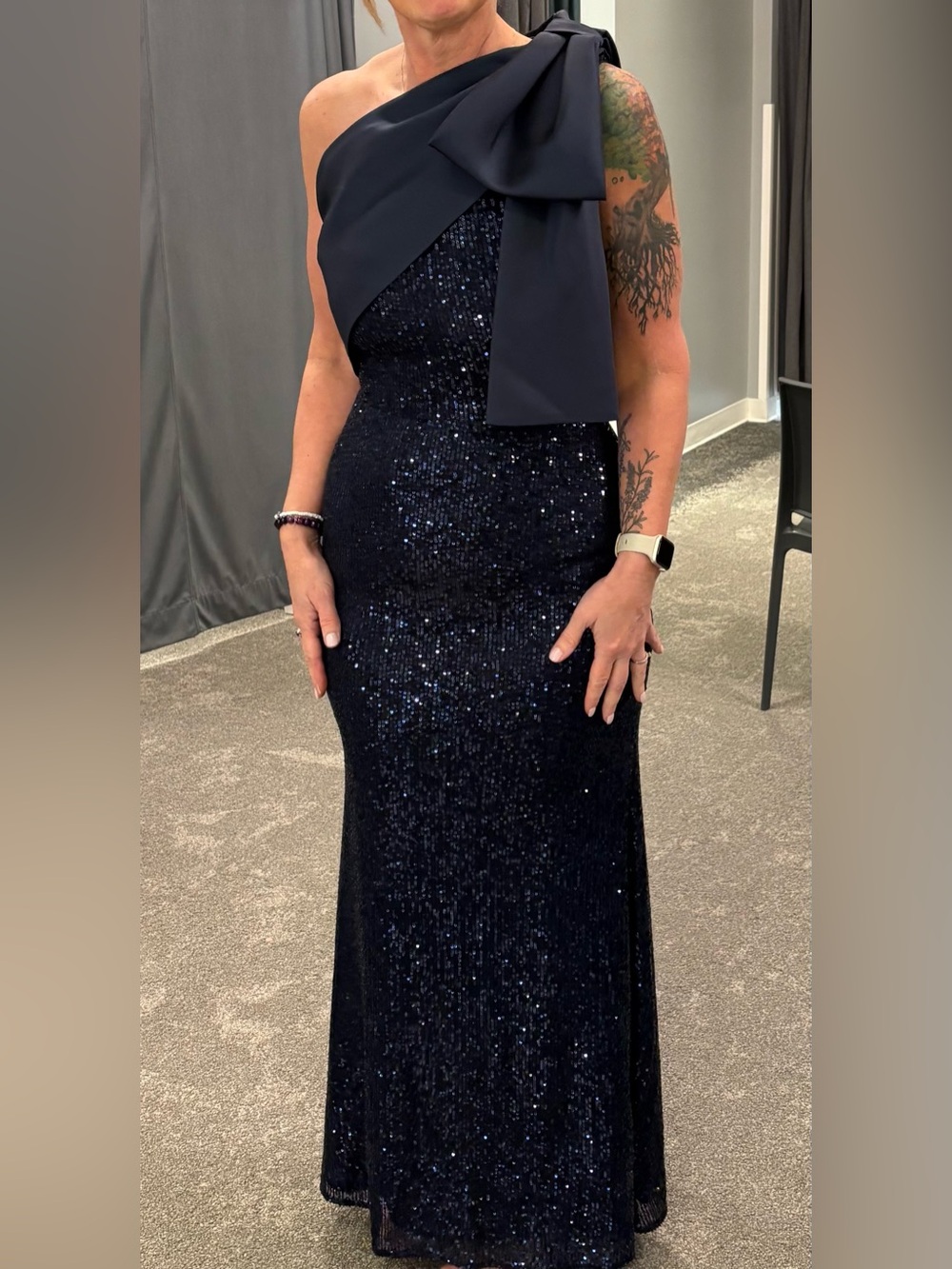 David's Bridal Navy One-Shoulder Sequin Gown with Bow